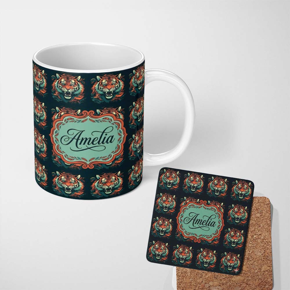 Personalized Custom Name Fierce Tiger Face Dark Jungle Style Seamless Pattern Lovely 11oz Ceramic Coffee Tea Mug White Large Handle