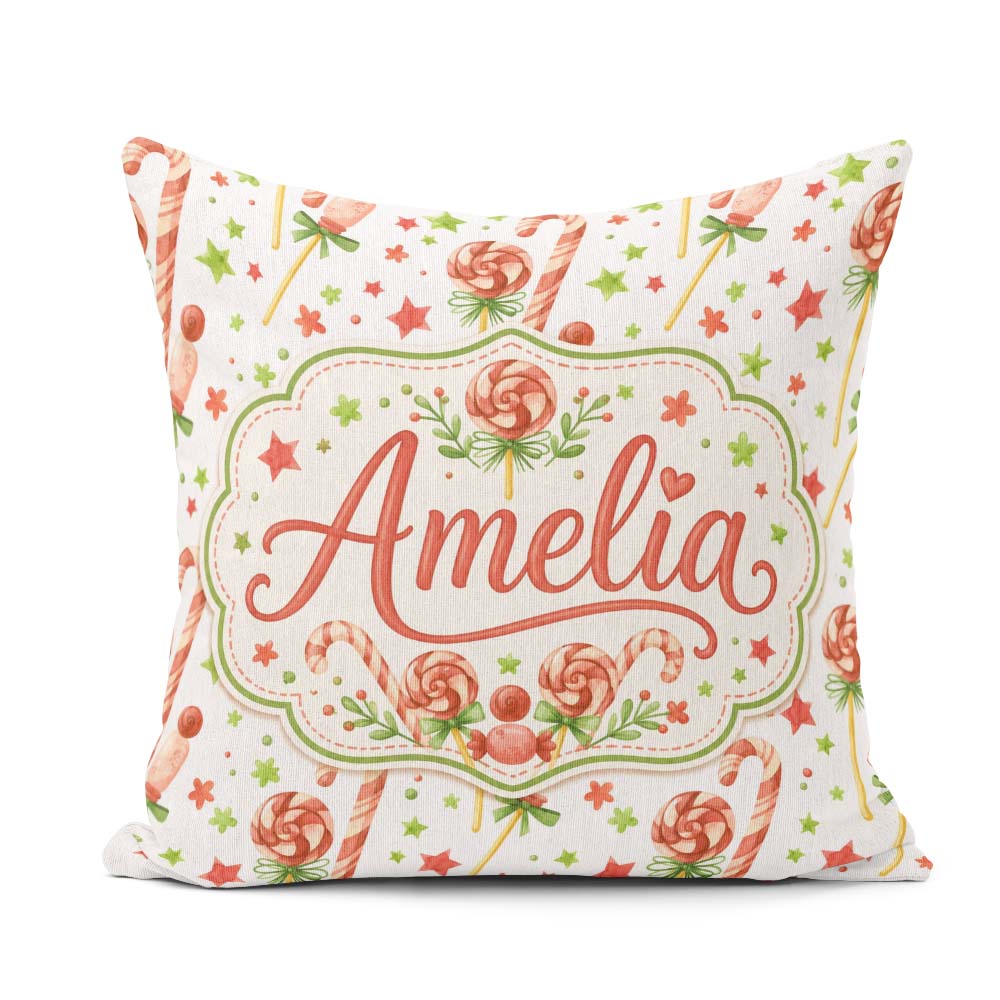 Custom Name Candy Cane Lollipop Sweet Christmas Seamless Pattern Square Filled Cushion Throw Pillow Sofa Bed Home Decor Zip Washable UK Made
