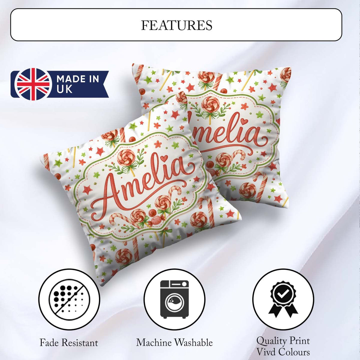 Custom Name Candy Cane Lollipop Sweet Christmas Seamless Pattern Square Filled Cushion Throw Pillow Sofa Bed Home Decor Zip Washable UK Made