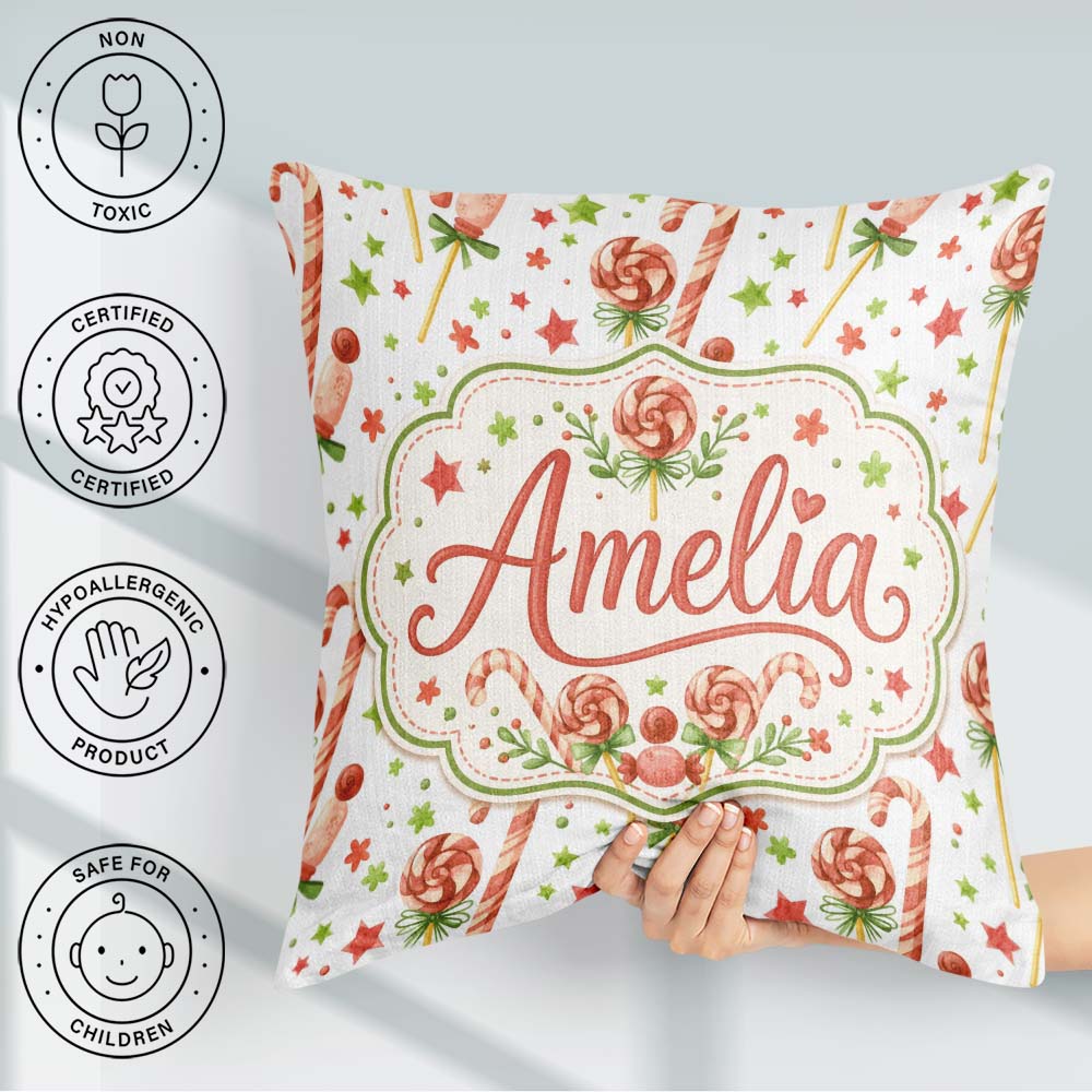 Custom Name Candy Cane Lollipop Sweet Christmas Seamless Pattern Square Filled Cushion Throw Pillow Sofa Bed Home Decor Zip Washable UK Made