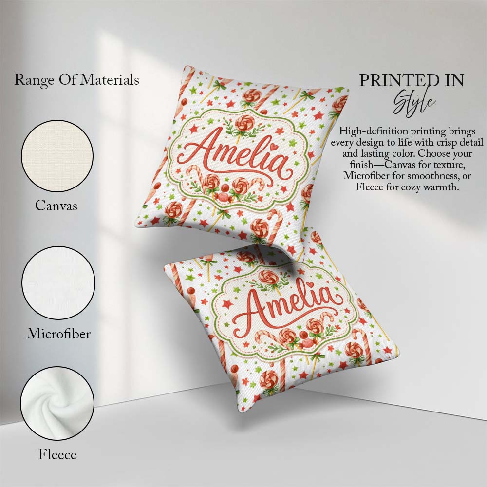 Custom Name Candy Cane Lollipop Sweet Christmas Seamless Pattern Square Filled Cushion Throw Pillow Sofa Bed Home Decor Zip Washable UK Made