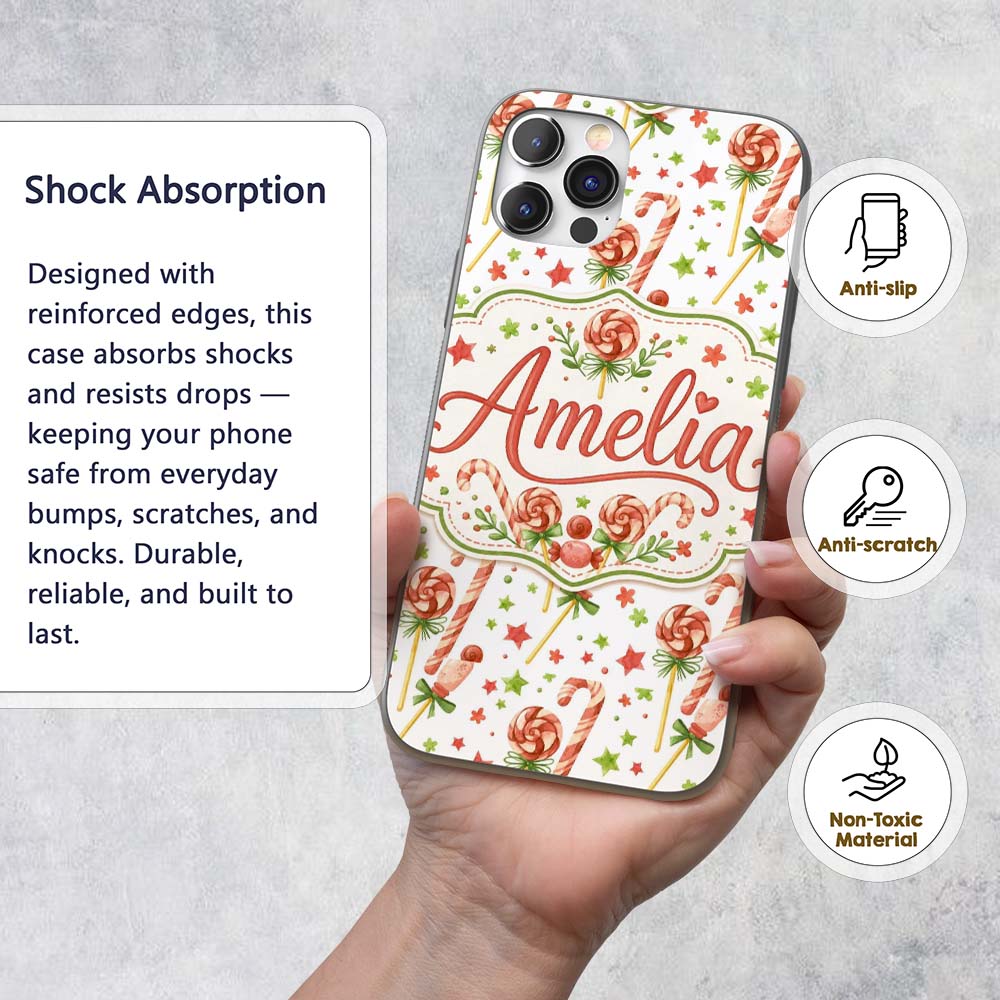 Cute Candy Cane Lollipop Sweet Christmas Seamless Custom Name Protective Phone Case Mobile Cover Durable Everyday Smartphone Shock Resistant