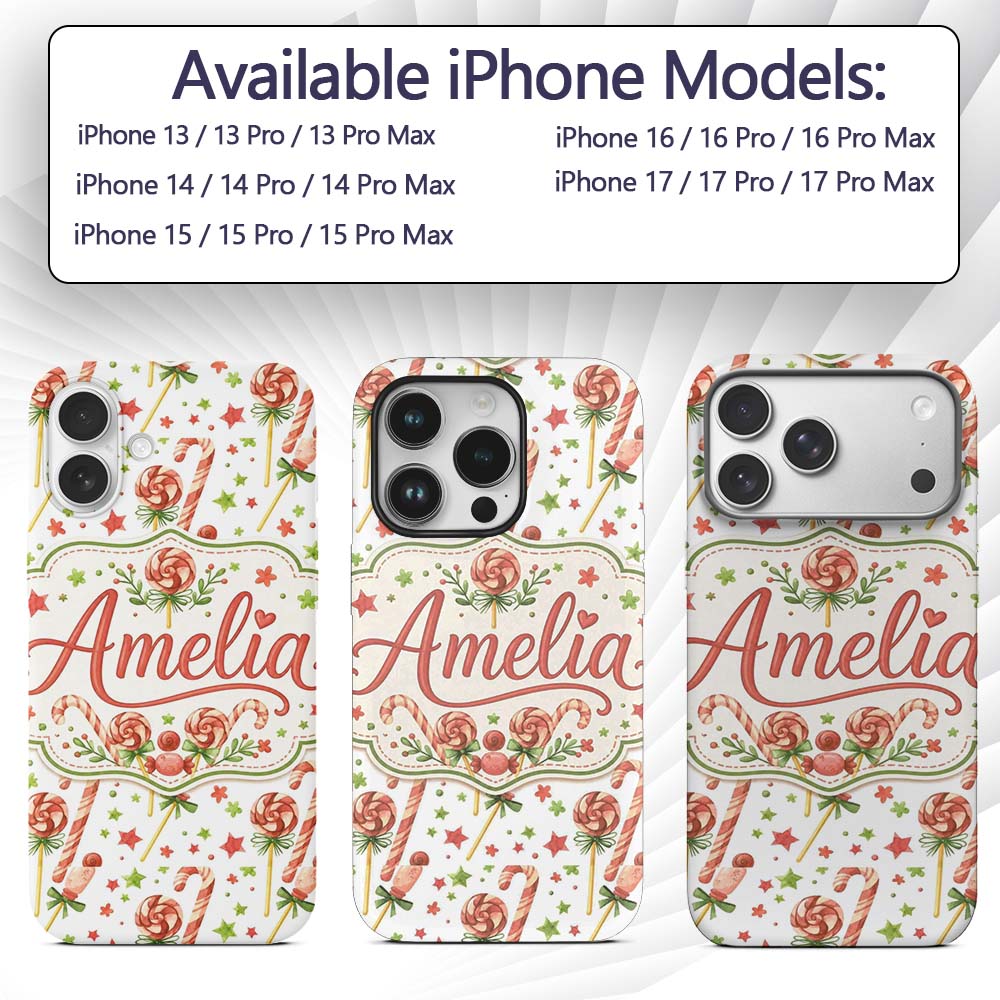Cute Candy Cane Lollipop Sweet Christmas Seamless Custom Name Protective Phone Case Mobile Cover Durable Everyday Smartphone Shock Resistant