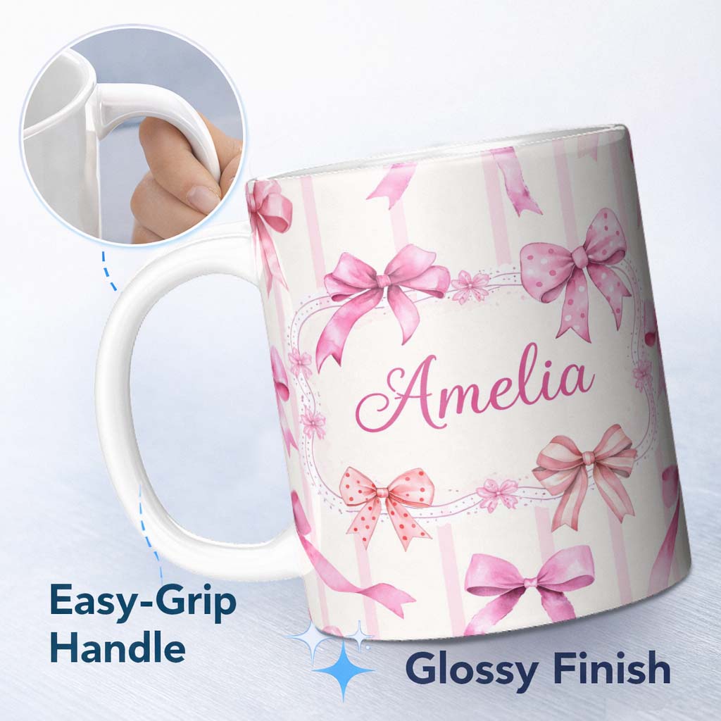 Personalized Custom Name Watercolor Pink Ribbon Bow Seamless Pattern with Blush Pink Stripes 11oz Ceramic Coffee Tea Mug White Large Handle