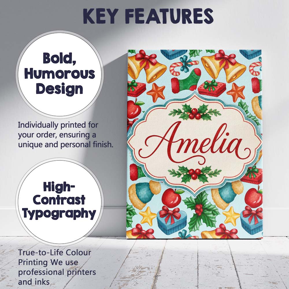 Personalised Name Bright Christmas Custom  Stylish Home Interior Unique Gift Idea Canvas Wall Art Print Decor Picture Ready to Hang