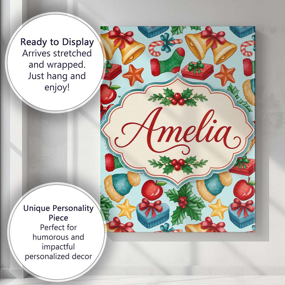 Personalised Name Bright Christmas Custom  Stylish Home Interior Unique Gift Idea Canvas Wall Art Print Decor Picture Ready to Hang