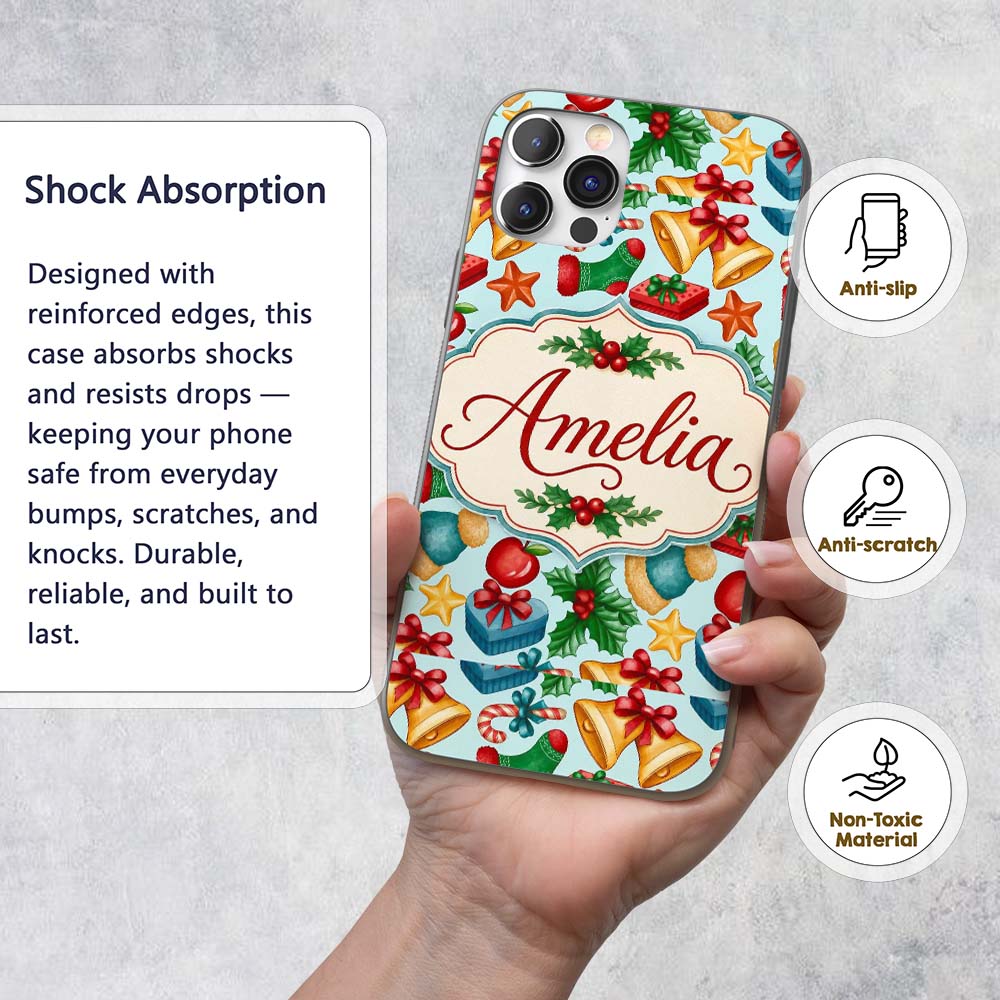 Bright Christmas Gift Bell Apple Festive Seamless Custom Name Protective Phone Case Mobile Cover Durable Everyday Smartphone Shock Resistant