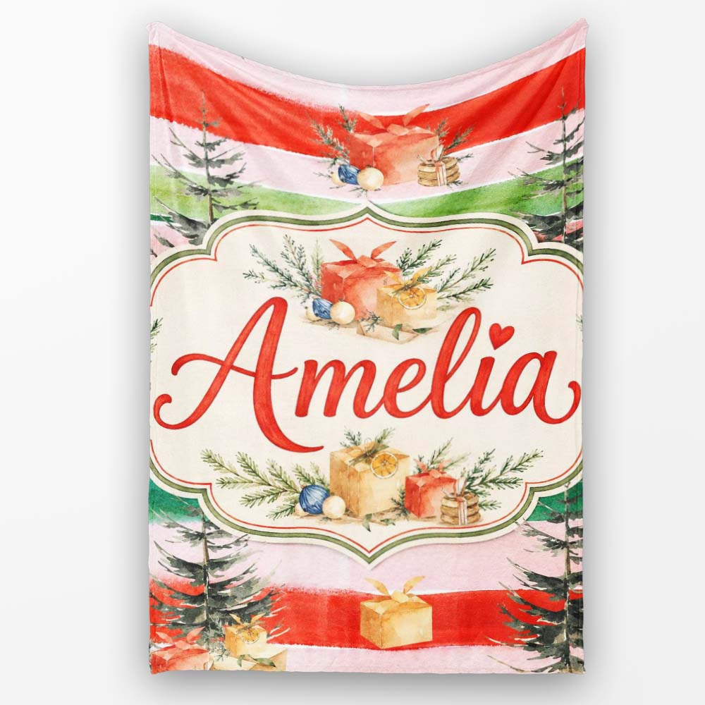 Watercolor Christmas Gift Boxes Pine Trees Striped Holiday Seamless  Personalised Custom Name Super Soft Fleece Blanket Bed Sofa Throw