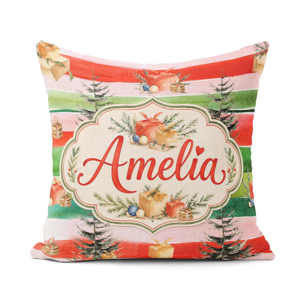 Custom Name Watercolor Boxes Pine Trees Striped Holiday Seamless Square Filled Cushion Throw Pillow Sofa Bed Home Decor Zip Washable UK Made