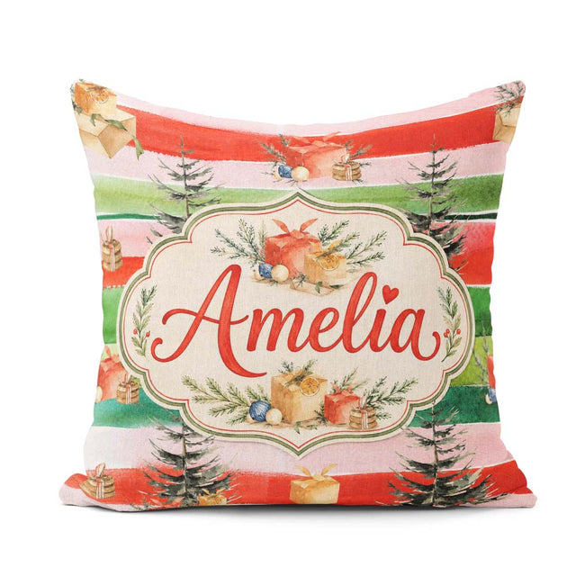 Custom Name Watercolor Boxes Pine Trees Striped Holiday Seamless Square Filled Cushion Throw Pillow Sofa Bed Home Decor Zip Washable UK Made