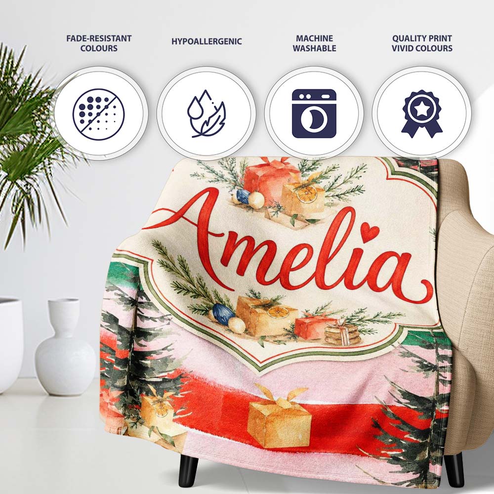 Watercolor Christmas Gift Boxes Pine Trees Striped Holiday Seamless  Personalised Custom Name Super Soft Fleece Blanket Bed Sofa Throw