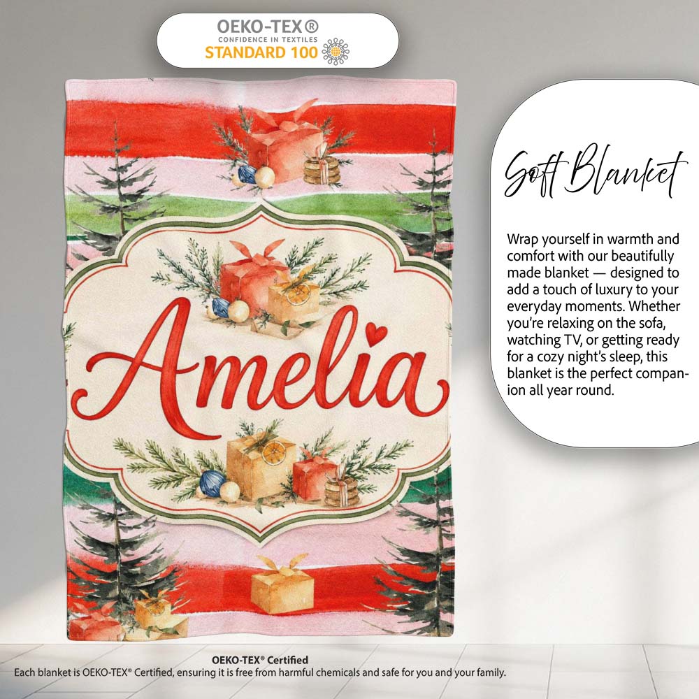 Watercolor Christmas Gift Boxes Pine Trees Striped Holiday Seamless  Personalised Custom Name Super Soft Fleece Blanket Bed Sofa Throw