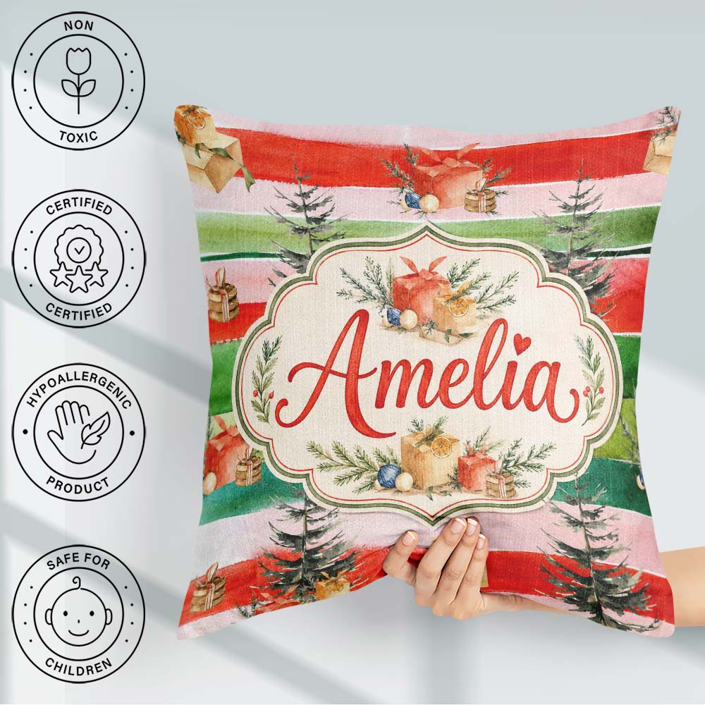 Custom Name Watercolor Boxes Pine Trees Striped Holiday Seamless Square Filled Cushion Throw Pillow Sofa Bed Home Decor Zip Washable UK Made