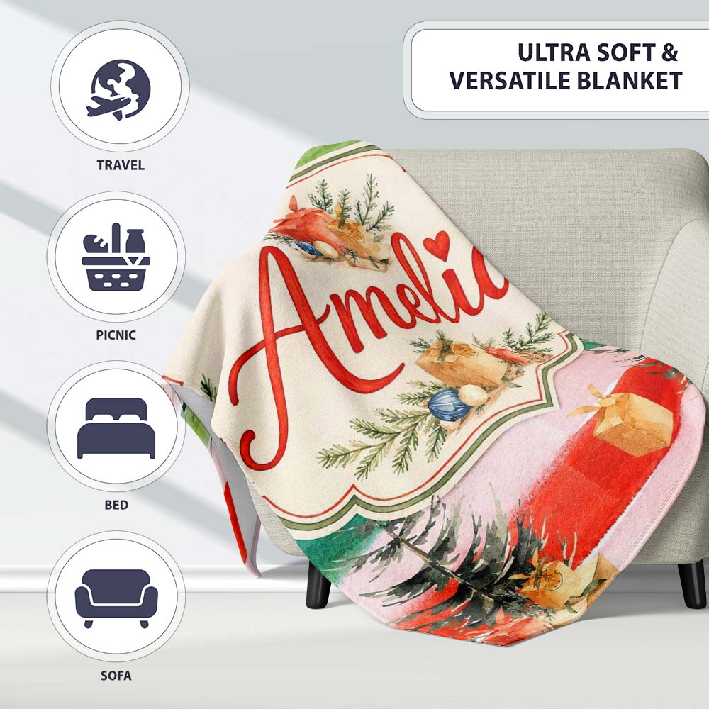 Watercolor Christmas Gift Boxes Pine Trees Striped Holiday Seamless  Personalised Custom Name Super Soft Fleece Blanket Bed Sofa Throw