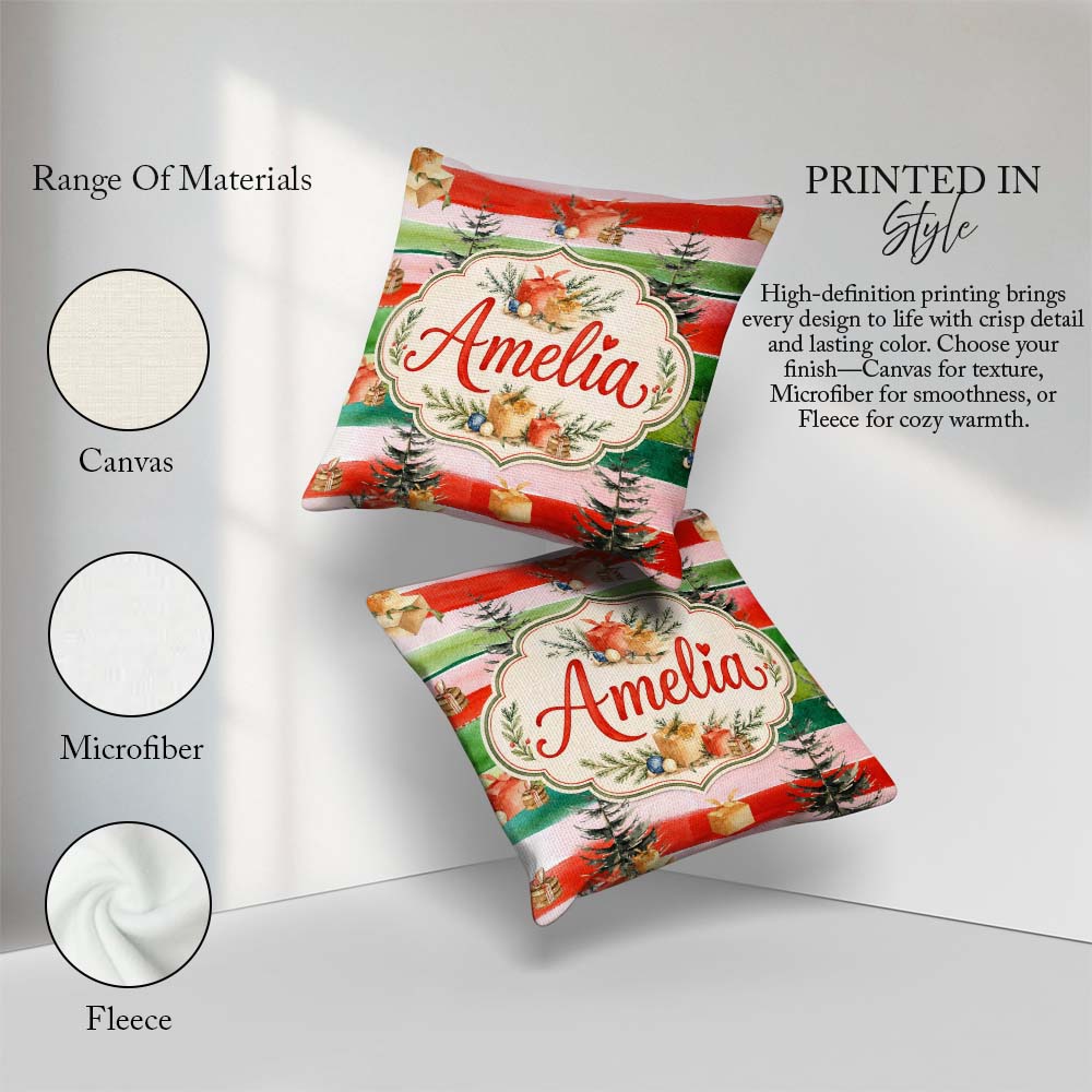 Custom Name Watercolor Boxes Pine Trees Striped Holiday Seamless Square Filled Cushion Throw Pillow Sofa Bed Home Decor Zip Washable UK Made