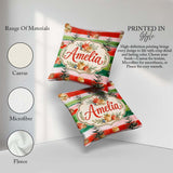 Custom Name Watercolor Boxes Pine Trees Striped Holiday Seamless Square Filled Cushion Throw Pillow Sofa Bed Home Decor Zip Washable UK Made