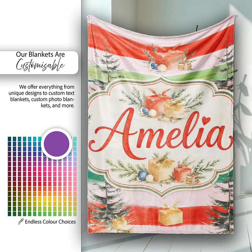 Watercolor Christmas Gift Boxes Pine Trees Striped Holiday Seamless  Personalised Custom Name Super Soft Fleece Blanket Bed Sofa Throw