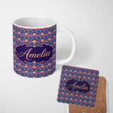 Personalized Custom Name Vibrant Ornate Floral Damask with Bold Orange and Teal Seamless 11oz Ceramic Coffee Tea Mug White Large Handle