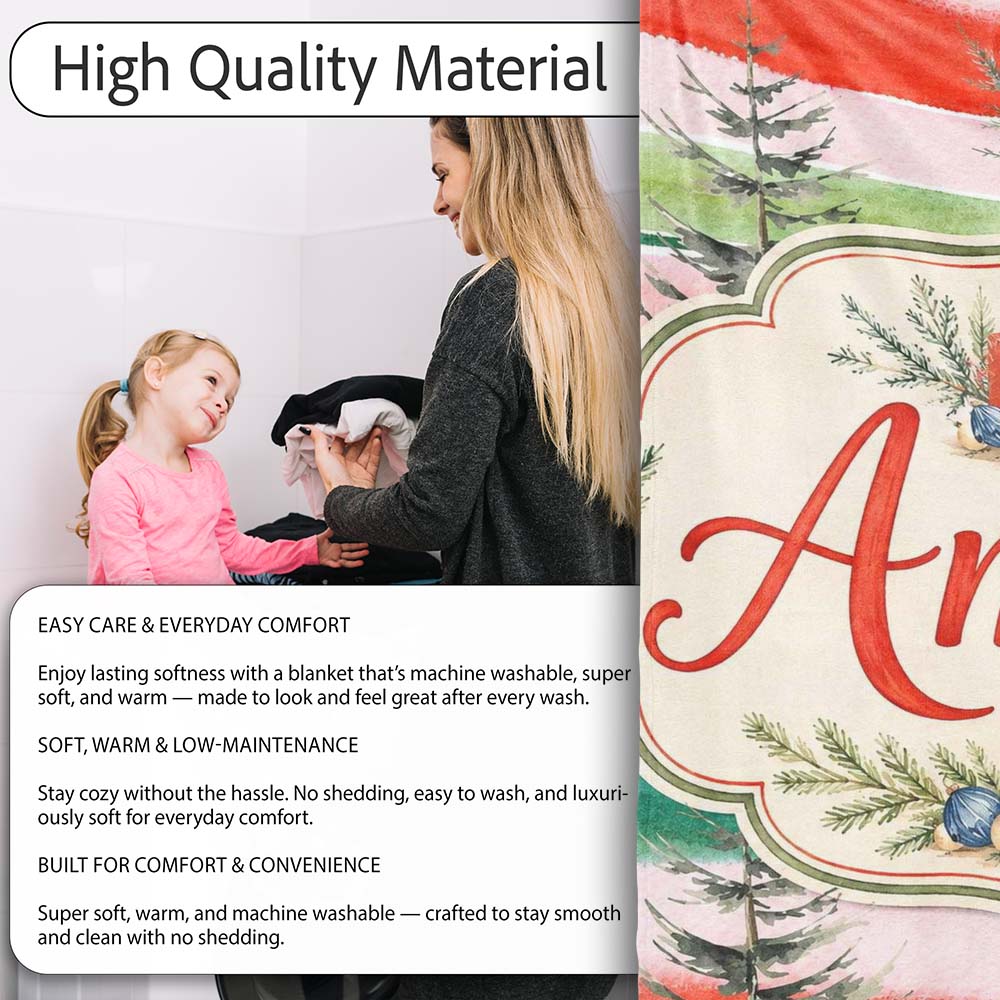 Watercolor Christmas Gift Boxes Pine Trees Striped Holiday Seamless  Personalised Custom Name Super Soft Fleece Blanket Bed Sofa Throw