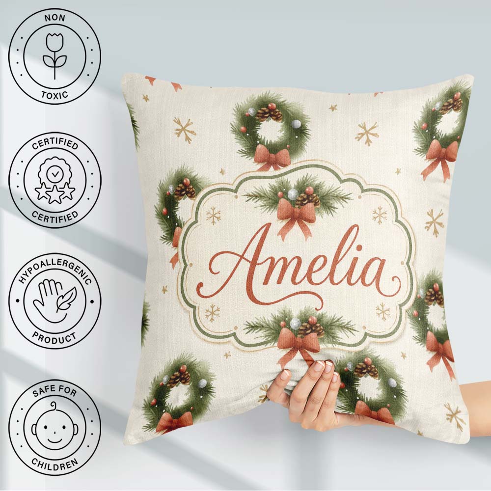 Custom Name Festive Christmas Wreath Pinecone Snowflake Seamless Square Filled Cushion Throw Pillow Sofa Bed Home Decor Zip Washable UK Made