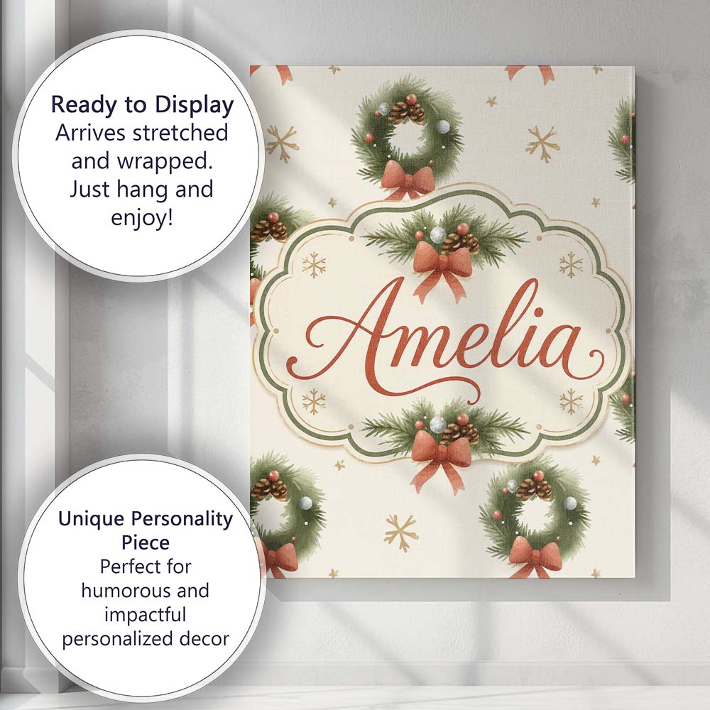 Personalised Name Festive Christmas Wreath Custom  Unique Gift Idea Elegant Feature Canvas Wall Art Print Decor Picture Ready to Hang