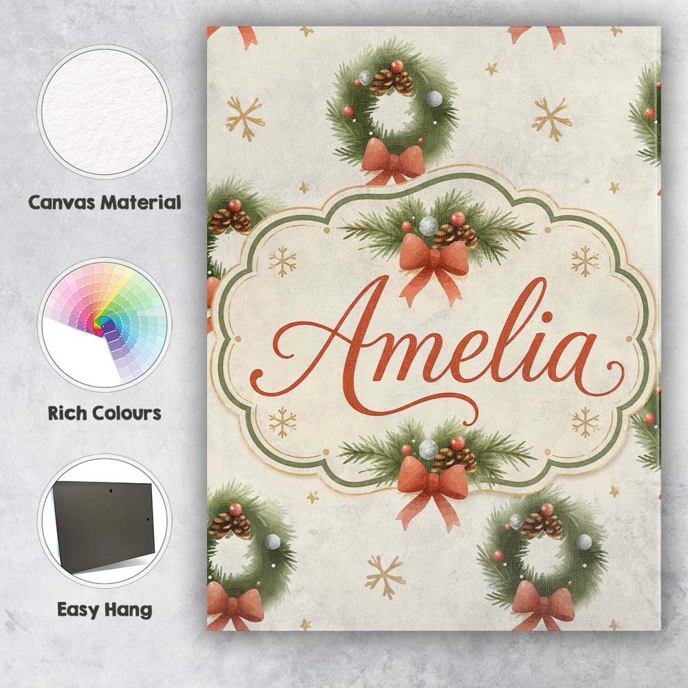 Personalised Name Festive Christmas Wreath Custom  Unique Gift Idea Elegant Feature Canvas Wall Art Print Decor Picture Ready to Hang