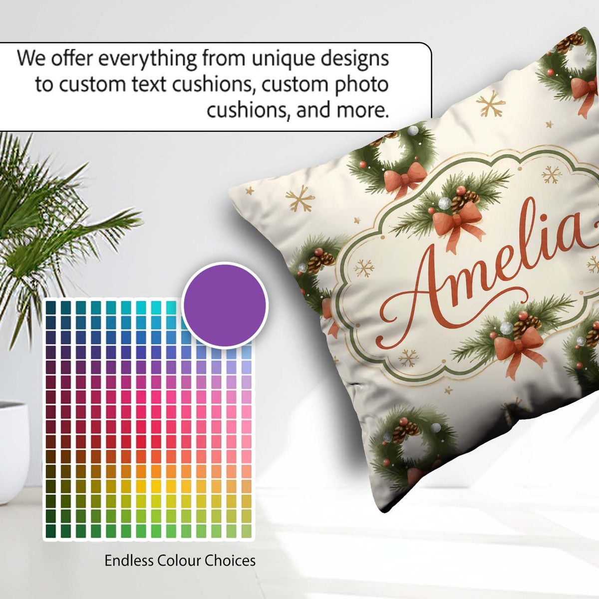 Custom Name Festive Christmas Wreath Pinecone Snowflake Seamless Square Filled Cushion Throw Pillow Sofa Bed Home Decor Zip Washable UK Made