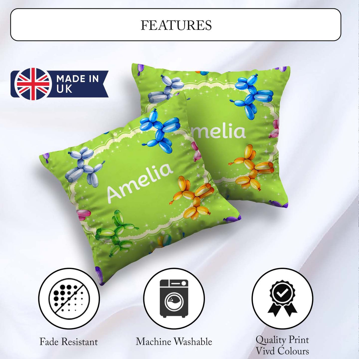 Custom Name Balloon Dog Seamless Green Background Colorful Party Square Filled Cushion Throw Pillow Sofa Bed Home Decor Zip Washable UK Made