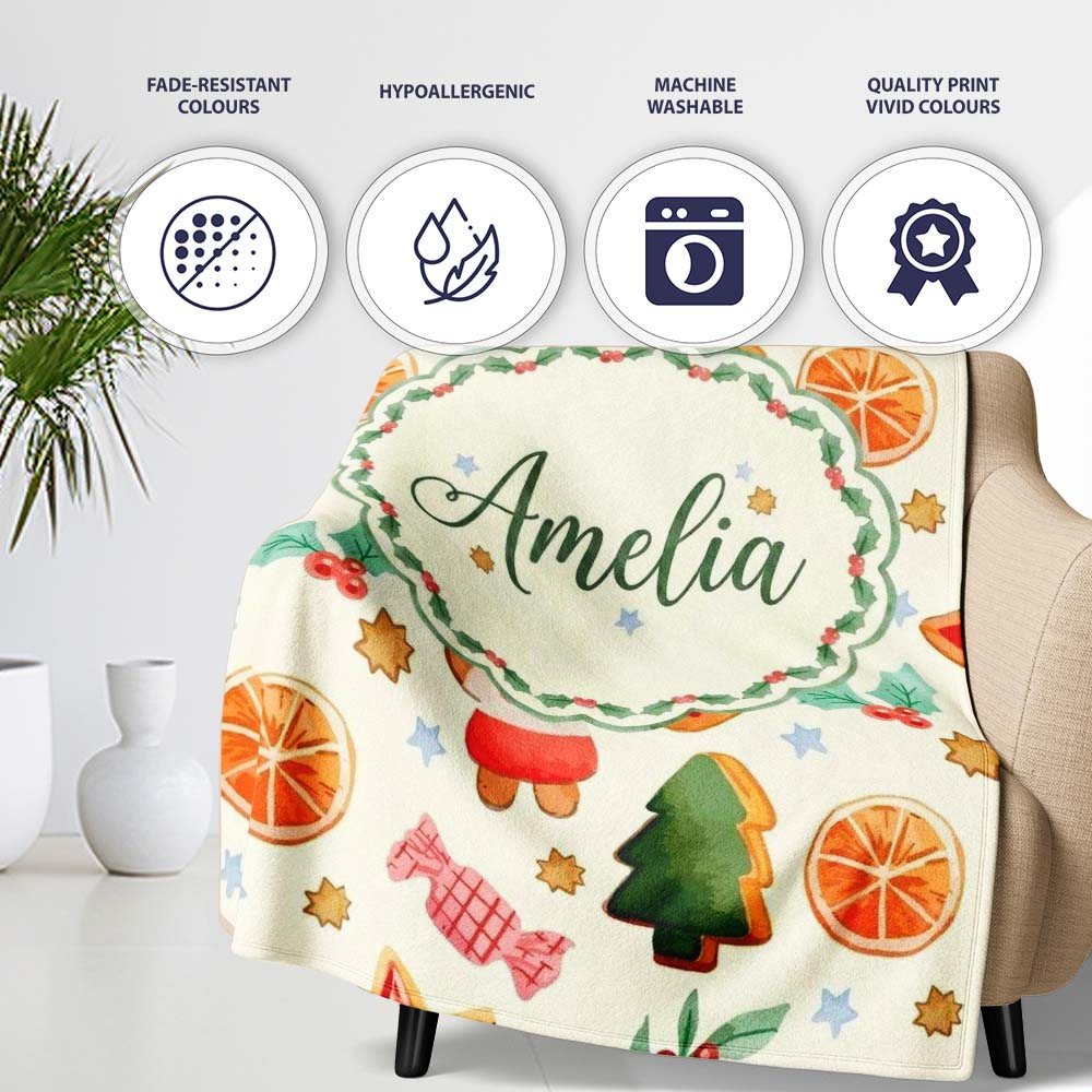 Cute Gingerbread Cookies Candy Orange Slice Christmas Seamless  Personalised Custom Name Super Soft Fleece Blanket Bed Sofa Throw