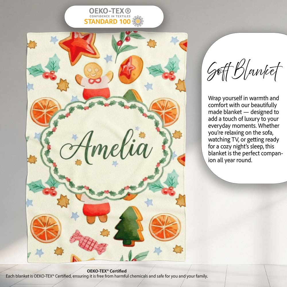 Cute Gingerbread Cookies Candy Orange Slice Christmas Seamless  Personalised Custom Name Super Soft Fleece Blanket Bed Sofa Throw