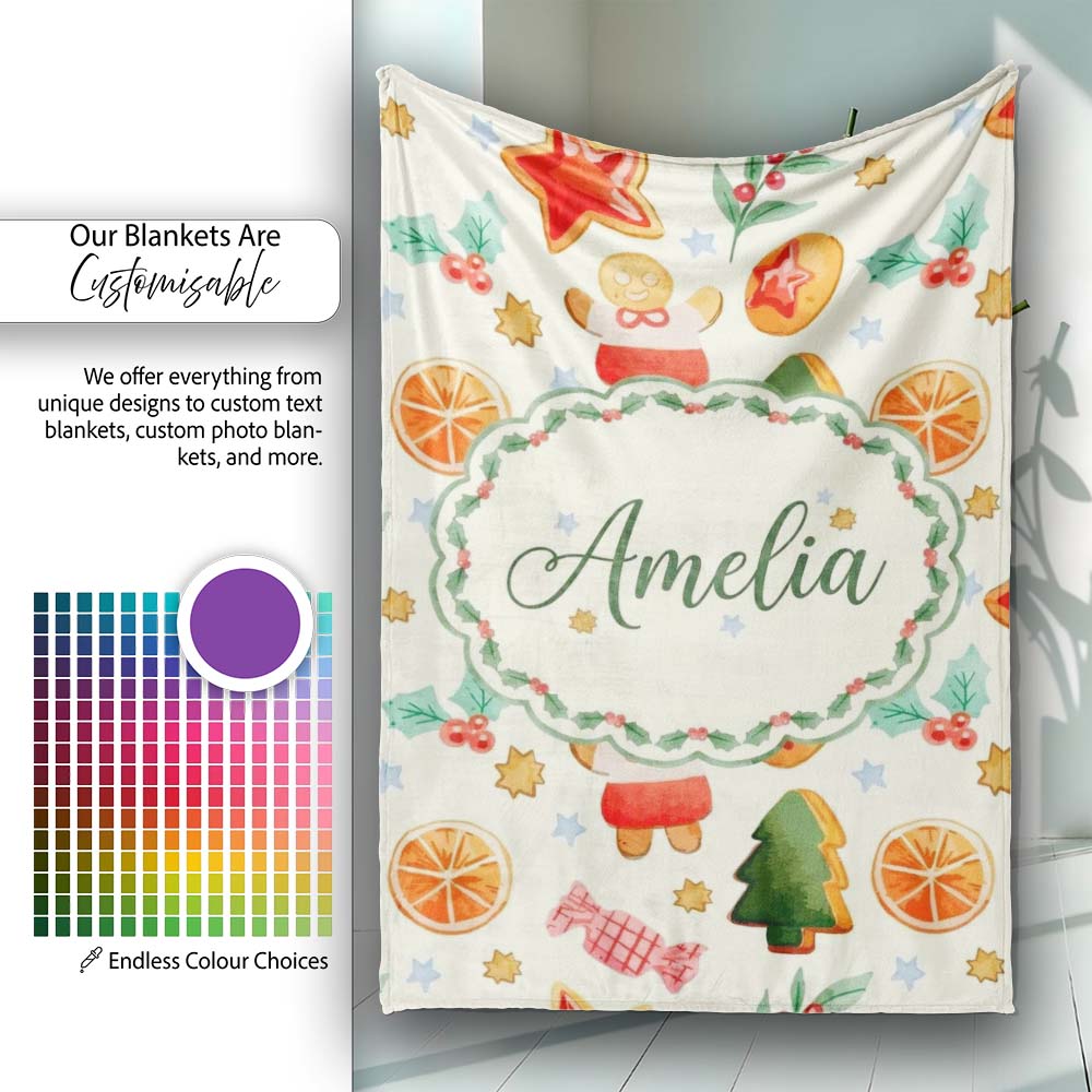 Cute Gingerbread Cookies Candy Orange Slice Christmas Seamless  Personalised Custom Name Super Soft Fleece Blanket Bed Sofa Throw