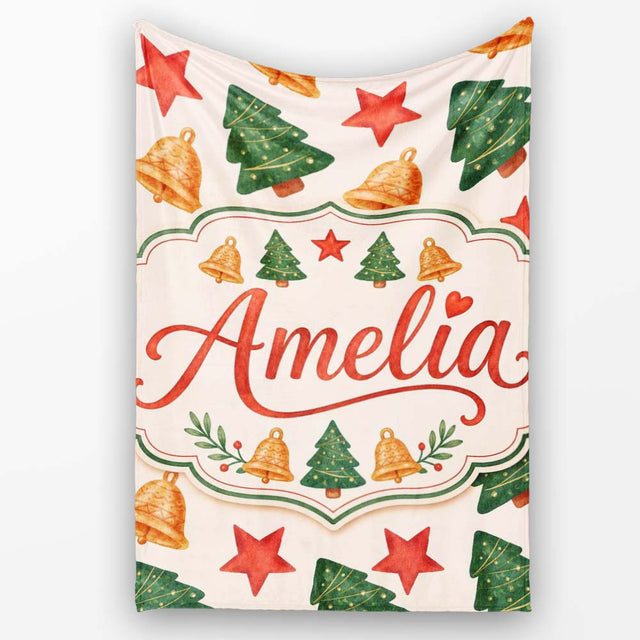 Watercolor Christmas Tree Star Bell Minimal Holiday Seamless Pattern  Personalised Custom Name Super Soft Fleece Blanket Bed Sofa Throw