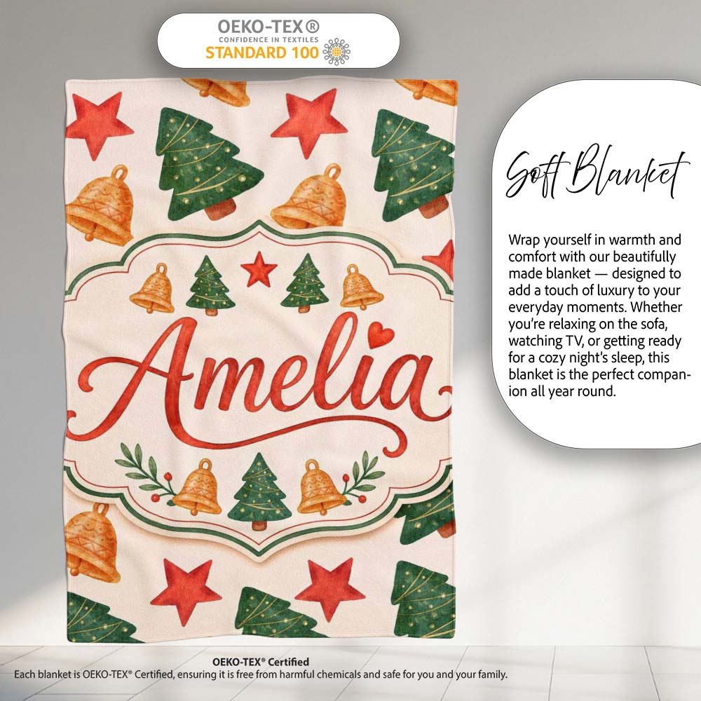 Watercolor Christmas Tree Star Bell Minimal Holiday Seamless Pattern  Personalised Custom Name Super Soft Fleece Blanket Bed Sofa Throw