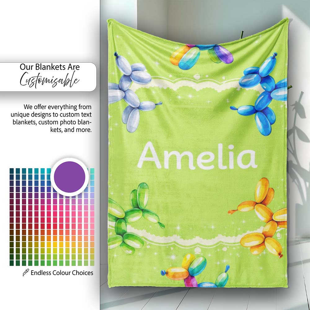Balloon Dog Seamless Pattern Green Background Colorful Party Design  Personalised Custom Name Super Soft Fleece Blanket Bed Sofa Throw