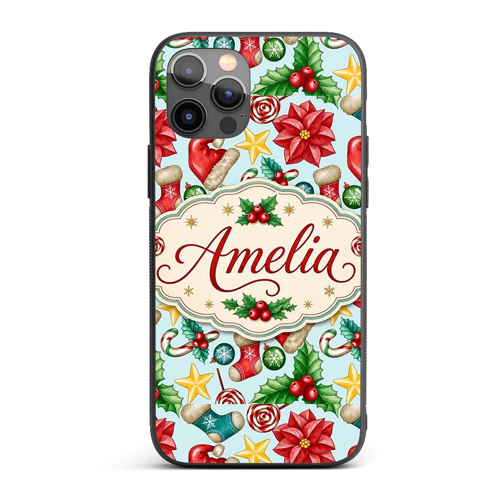 Bright Christmas Poinsettia Candy Cane Holly Custom Name Protective Phone Case Mobile Cover Durable Everyday Smartphone Shock Resistant