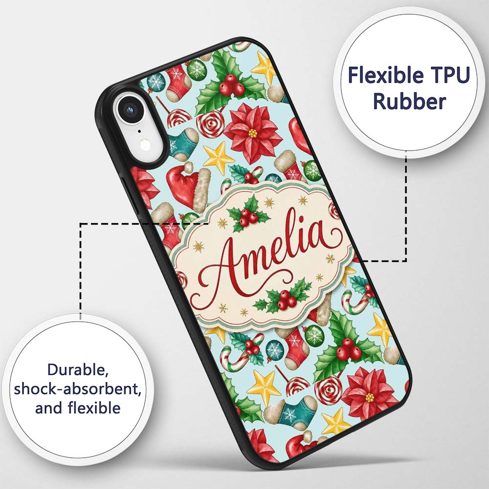 Bright Christmas Poinsettia Candy Cane Holly Custom Name Protective Phone Case Mobile Cover Durable Everyday Smartphone Shock Resistant