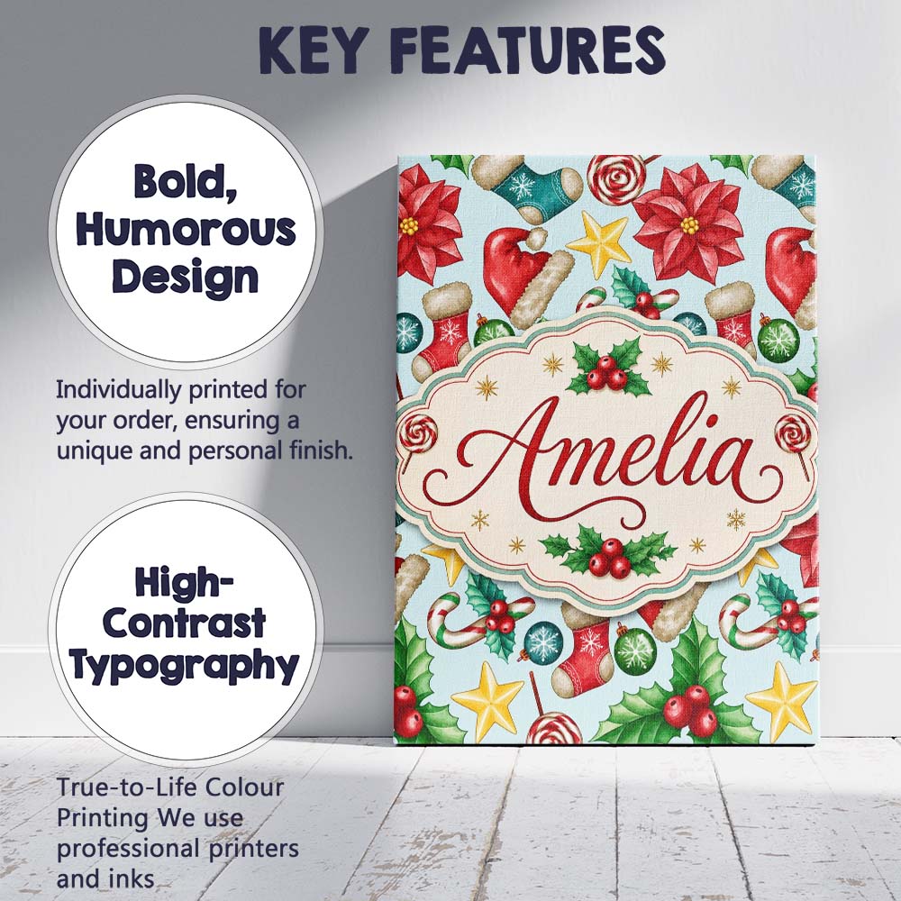 Personalised Name Bright Christmas Poinsettia Custom Unique Gift Idea Modern Room Accent Canvas Wall Art Print Decor Picture Ready to Hang
