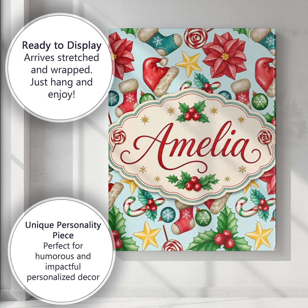 Personalised Name Bright Christmas Poinsettia Custom Unique Gift Idea Modern Room Accent Canvas Wall Art Print Decor Picture Ready to Hang