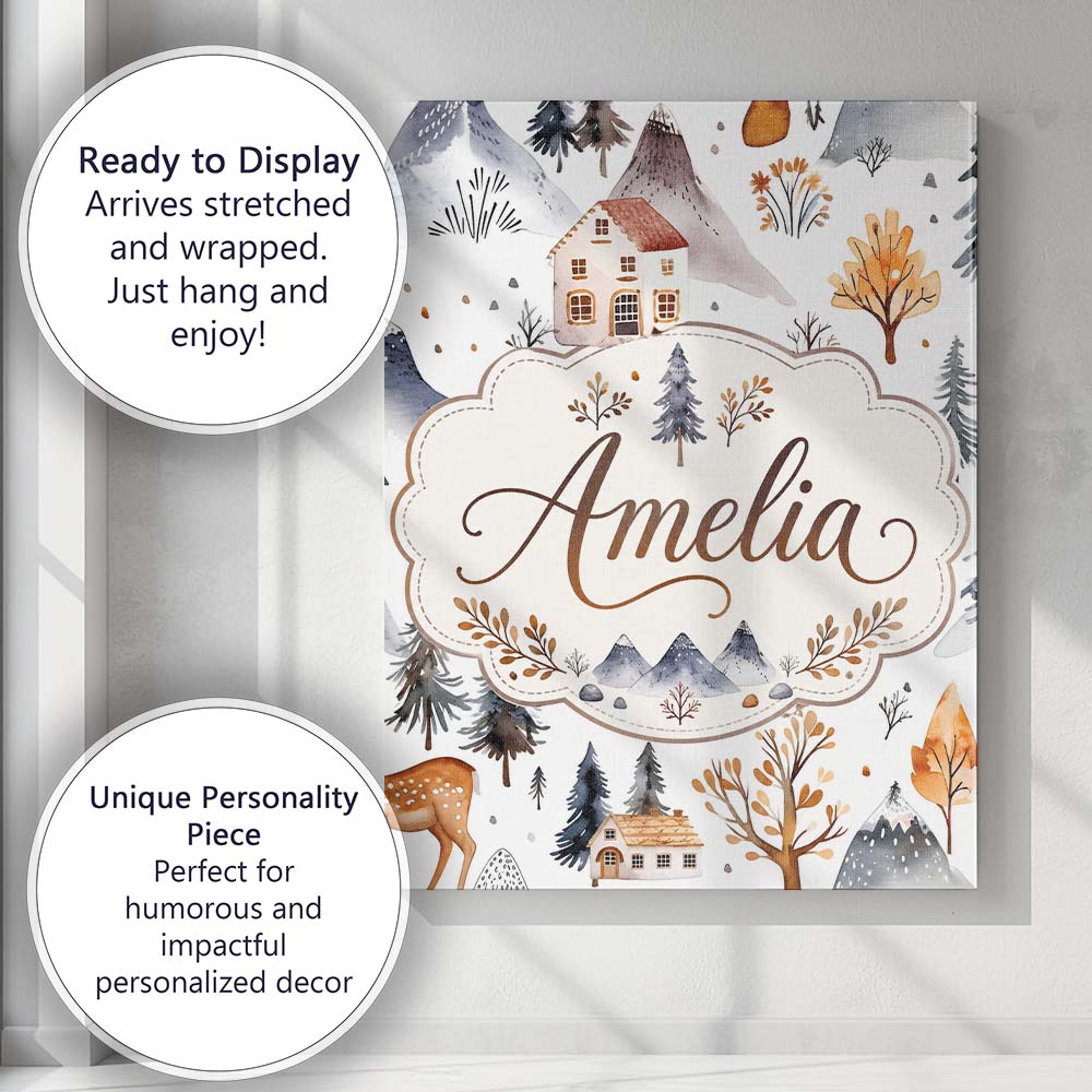 Personalised Name Winter Mountain Cabin Custom  Modern Room Accent Elegant Feature Canvas Wall Art Print Decor Picture Ready to Hang