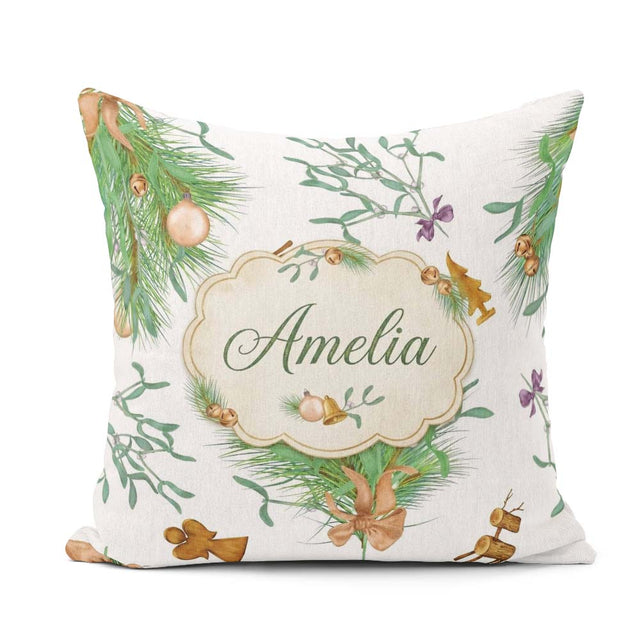 Custom Name Elegant Christmas Branch Mistletoe Ornament Seamless Square Filled Cushion Throw Pillow Sofa Bed Home Decor Zip Washable UK Made