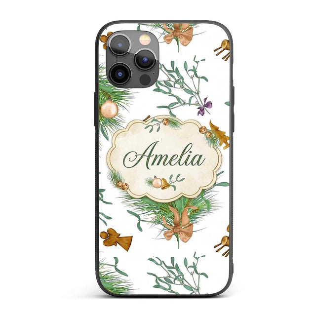 Elegant Christmas Pine Branch Mistletoe Ornament Custom Name Protective Phone Case Mobile Cover Durable Everyday Smartphone Shock Resistant