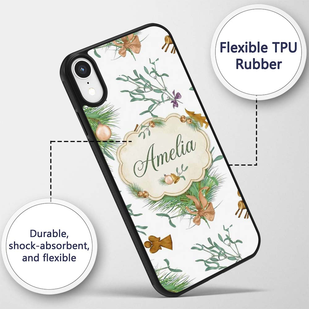 Elegant Christmas Pine Branch Mistletoe Ornament Custom Name Protective Phone Case Mobile Cover Durable Everyday Smartphone Shock Resistant