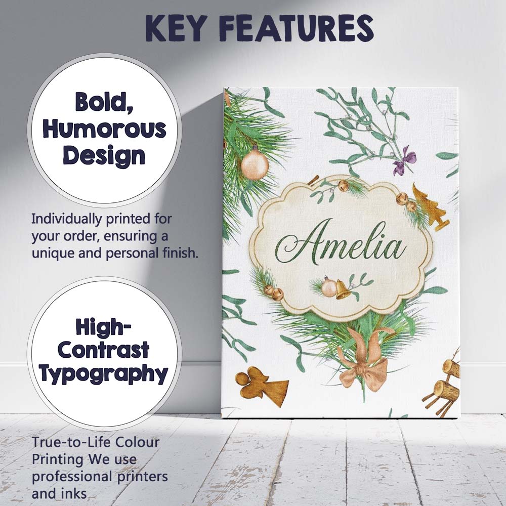 Personalised Name Elegant Christmas Pine Custom  Interior Decorative Contemporary Canvas Wall Art Print Decor Picture Ready to Hang
