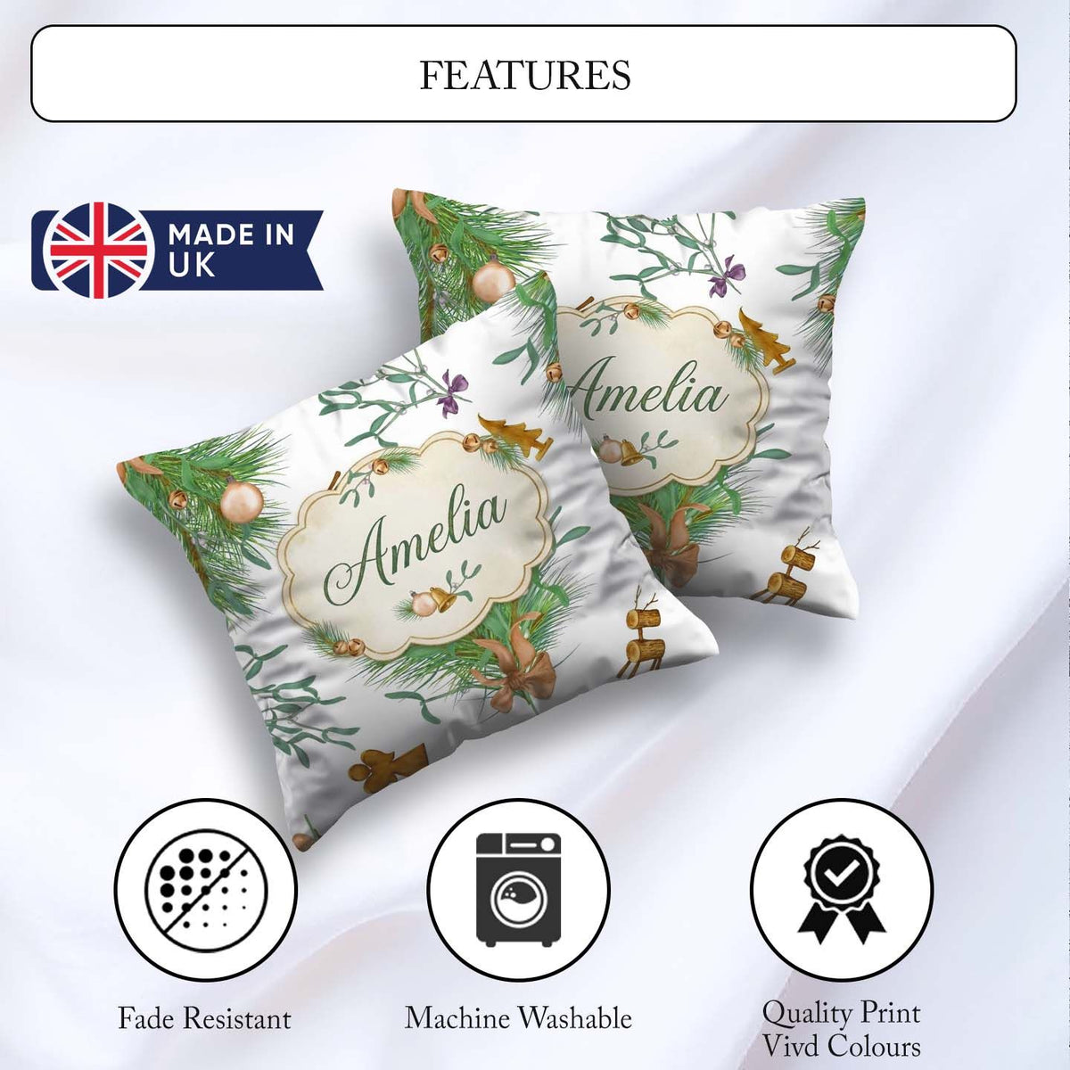 Custom Name Elegant Christmas Branch Mistletoe Ornament Seamless Square Filled Cushion Throw Pillow Sofa Bed Home Decor Zip Washable UK Made