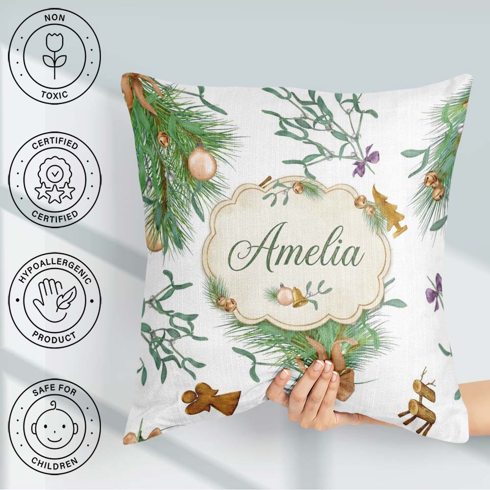 Custom Name Elegant Christmas Branch Mistletoe Ornament Seamless Square Filled Cushion Throw Pillow Sofa Bed Home Decor Zip Washable UK Made