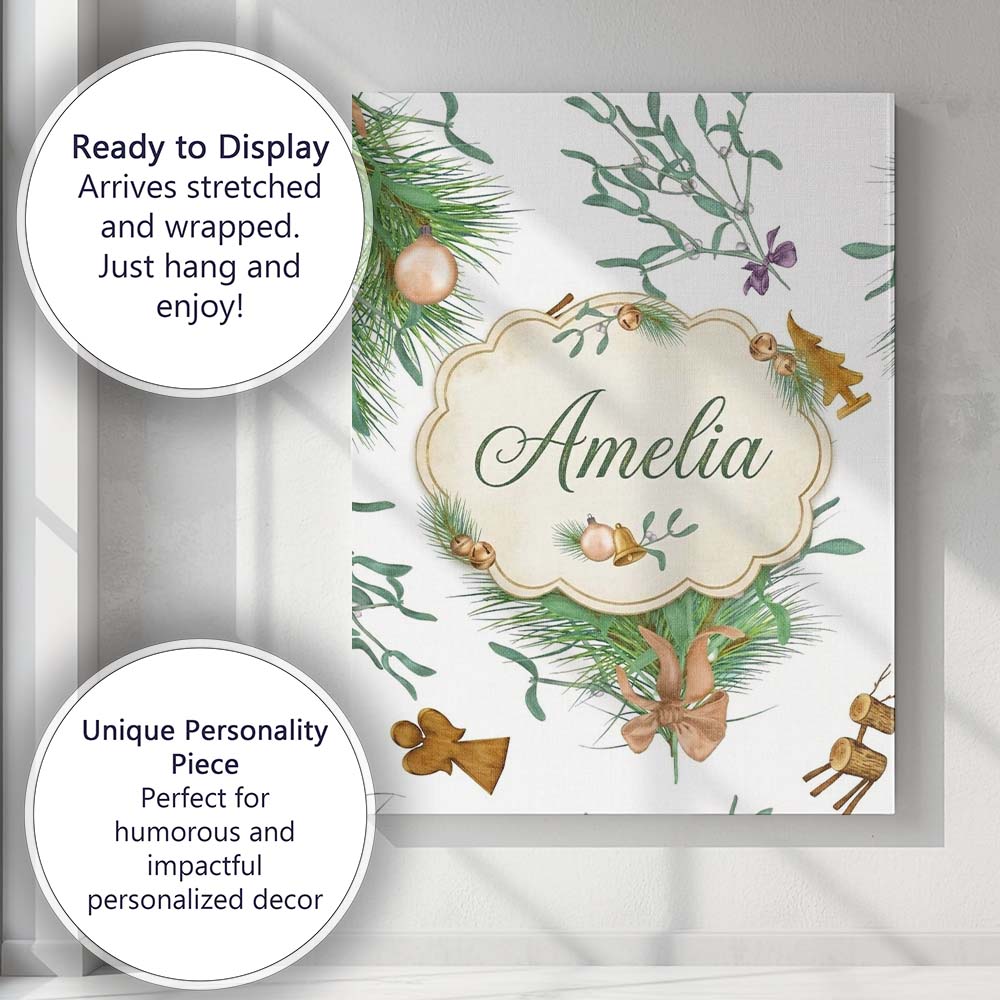 Personalised Name Elegant Christmas Pine Custom  Interior Decorative Contemporary Canvas Wall Art Print Decor Picture Ready to Hang