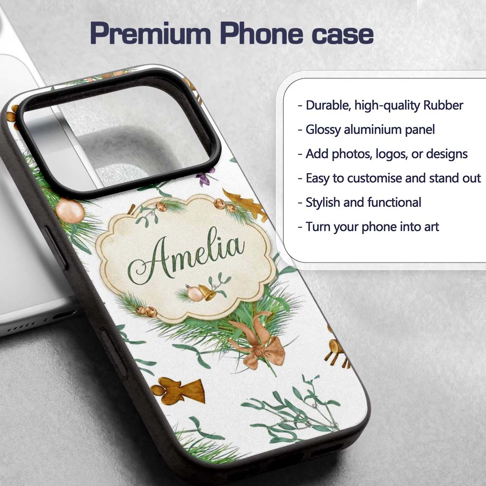 Elegant Christmas Pine Branch Mistletoe Ornament Custom Name Protective Phone Case Mobile Cover Durable Everyday Smartphone Shock Resistant