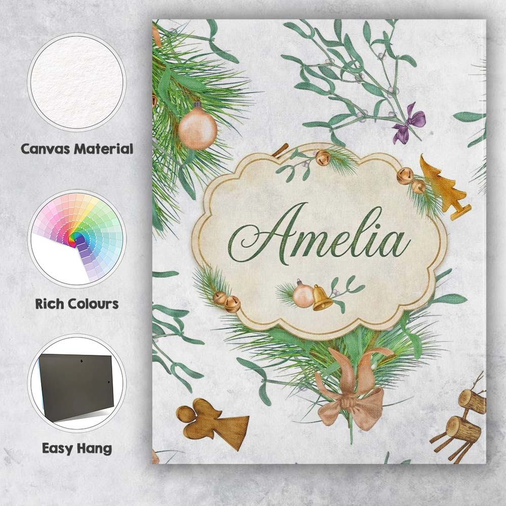 Personalised Name Elegant Christmas Pine Custom  Interior Decorative Contemporary Canvas Wall Art Print Decor Picture Ready to Hang