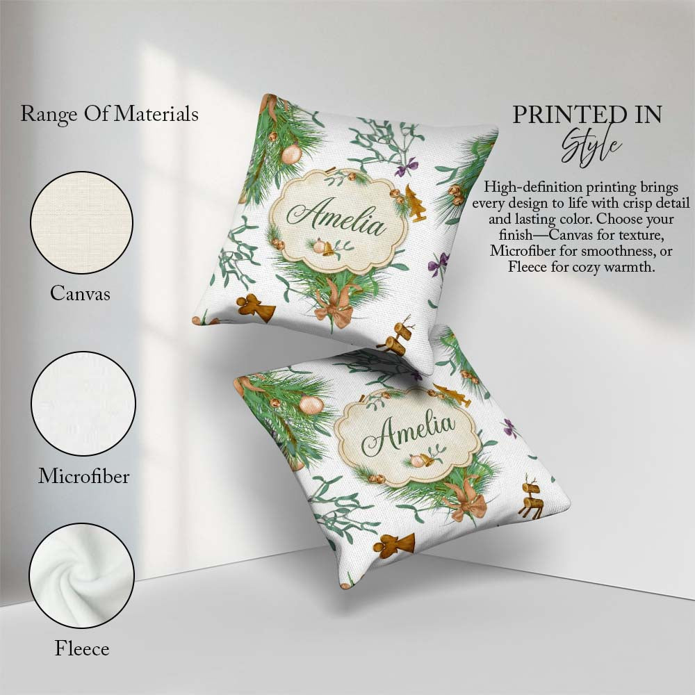 Custom Name Elegant Christmas Branch Mistletoe Ornament Seamless Square Filled Cushion Throw Pillow Sofa Bed Home Decor Zip Washable UK Made