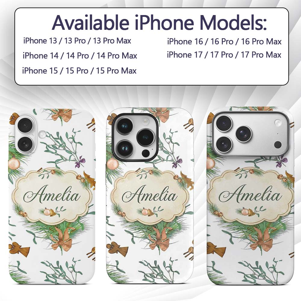 Elegant Christmas Pine Branch Mistletoe Ornament Custom Name Protective Phone Case Mobile Cover Durable Everyday Smartphone Shock Resistant